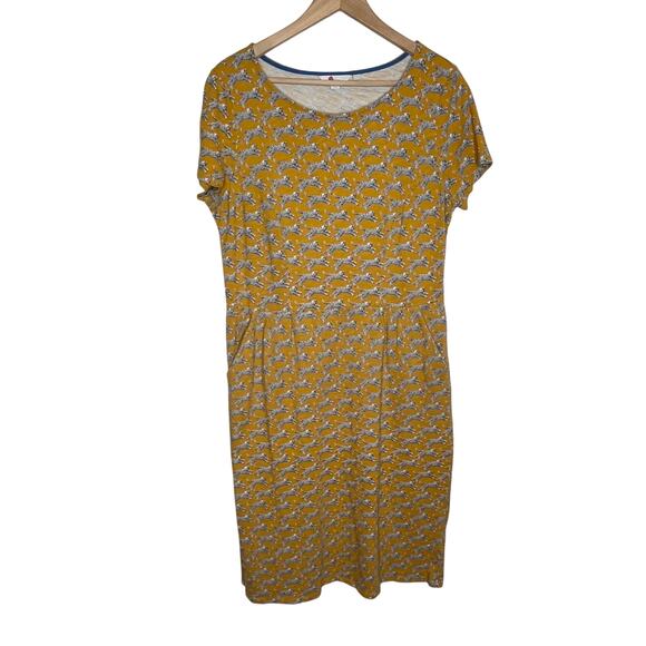 Boden Phoebe Short Sleeve Dress Womens 12 Long Mustard Yellow Cheetah Cat Print - Picture 2 of 10